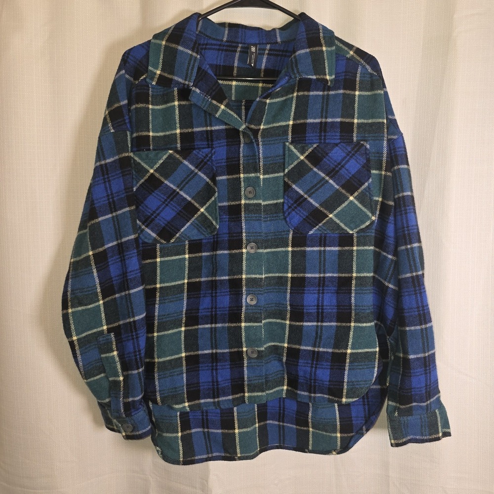 Zara Blue Green Plaid Flannel Shirt M Pockets Shacket Grunge Casual‎ Outdoors